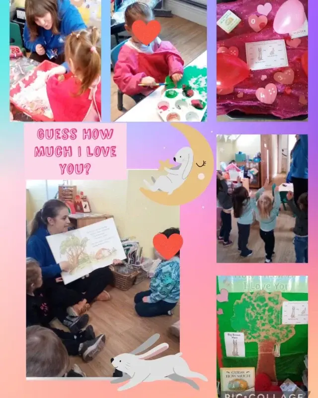✨ “I Love you right up to the moon- and back”✨
Toddlers book of the month is ‘Guess How Much I love you’?🐇🥰
🎨🖌️They have been exploring lots of different ways to make marks, with different resources. 
❤️ They have been talking about family and people who are special to them.
🎶 They have also been singing their favourite songs, Sleeping Bunnies and Peter Rabbit.